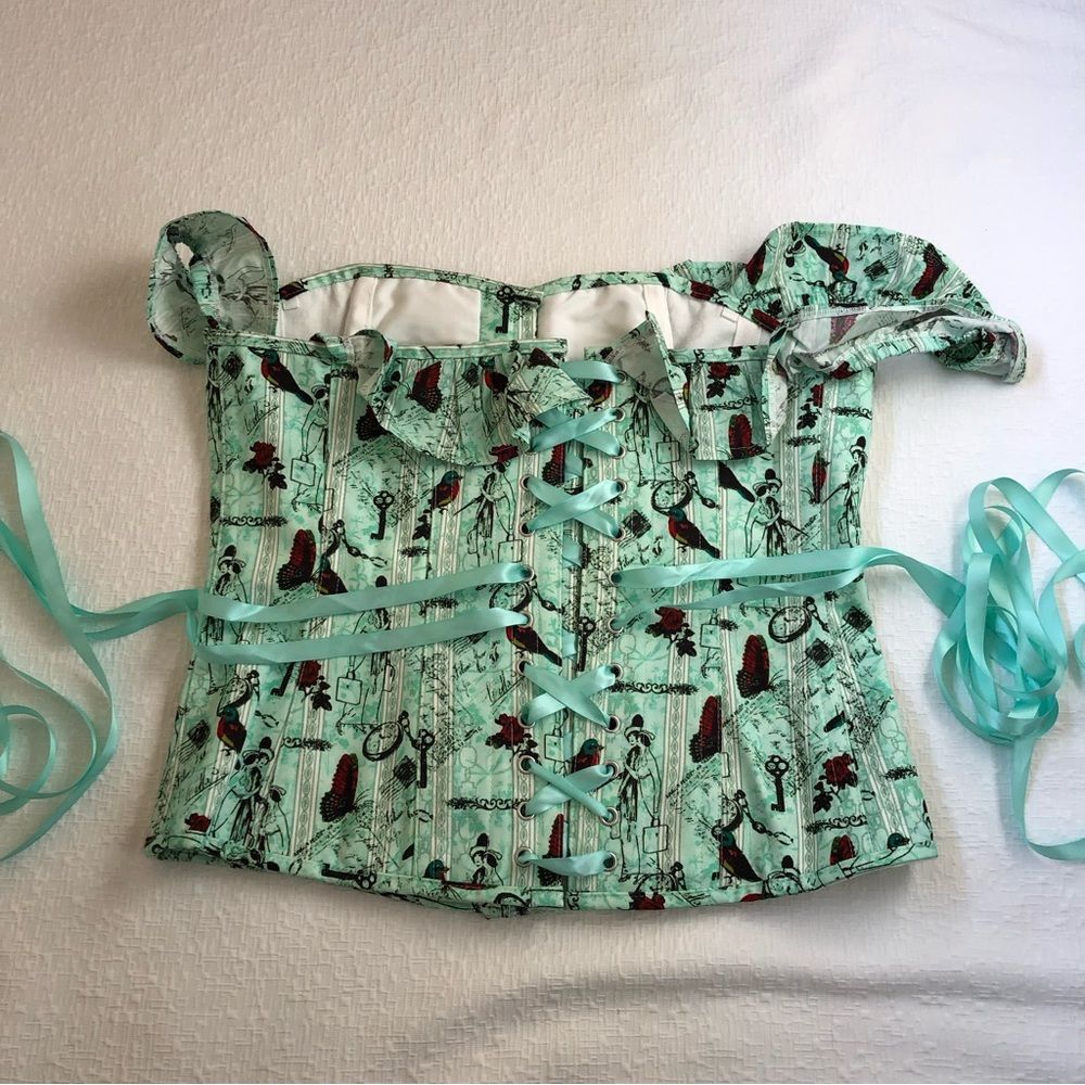 Corset Story Top UK 18 US 14 Novelty Rockabilly Turquoise Ruffle Bird Butterfly - Picture 2 of 15